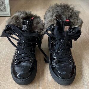 MCM Black Leather High Top Sneaker/Boots with Fur Trim
